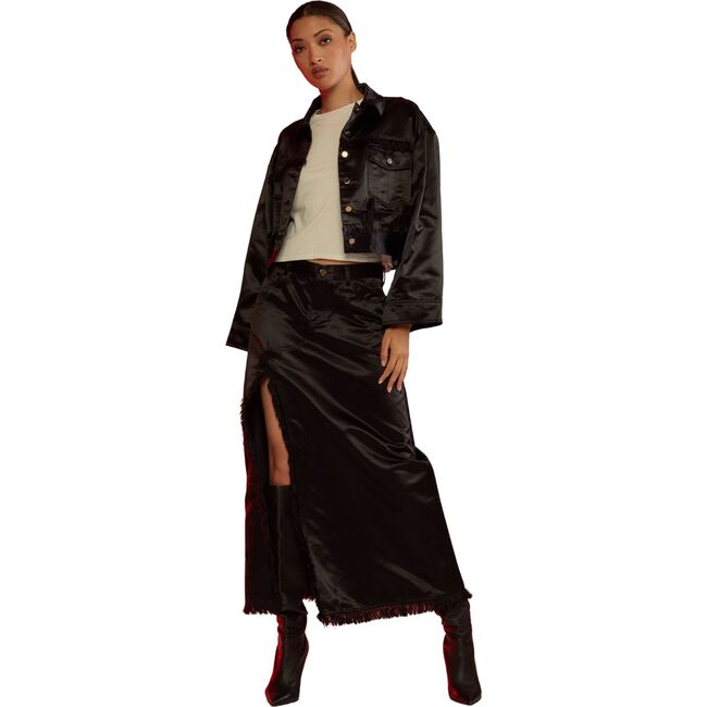 Women's Satin Frayed Long Skirt, Black