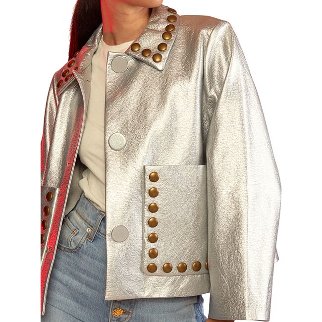 Women's Vegan Leather Cropped Studded Jacket, Silver