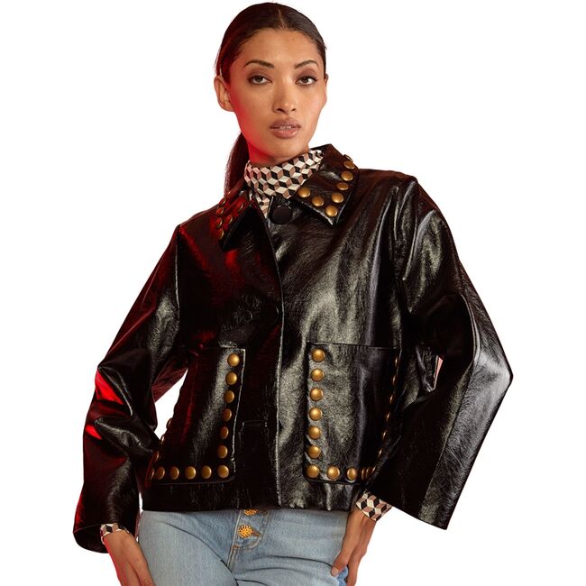 Women's Vegan Leather Cropped Studded Jacket, Black - Jackets - 2