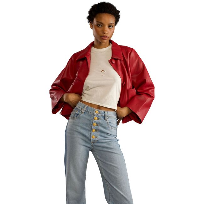 Women's Vegan Leather Cropped Jacket, Red