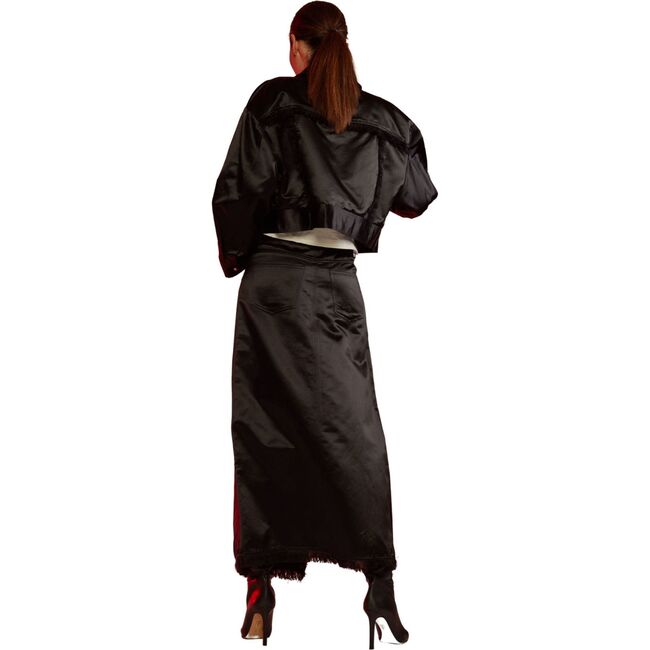 Women's Satin Frayed Long Skirt, Black - Skirts - 2