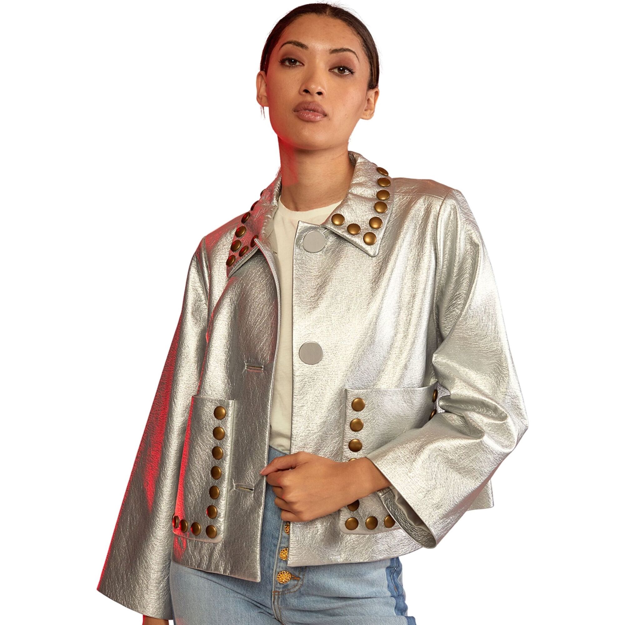 Women's Vegan Leather Cropped Studded Jacket, Silver