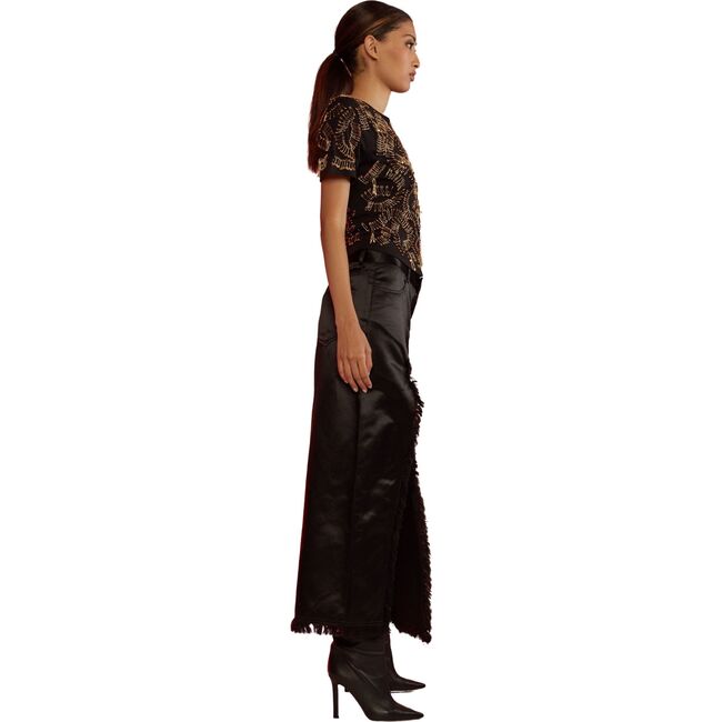 Women's Satin Frayed Long Skirt, Black - Skirts - 3