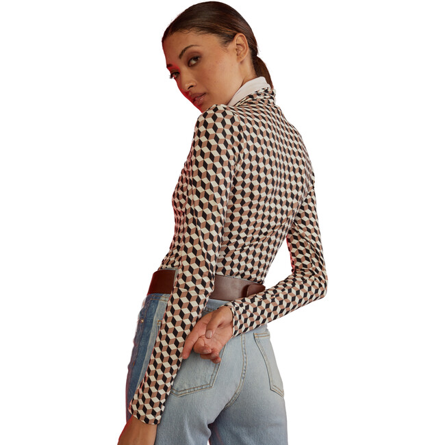 Women's Geometric Turle Neck Blouse, Taupe & Multicolors - Button Downs - 3