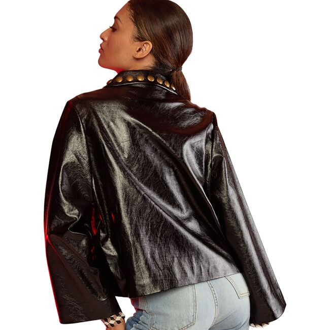 Women's Vegan Leather Cropped Studded Jacket, Black - Jackets - 4
