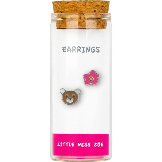 Sterling Silver Flower Bear Earrings In A Bottle, Multi
