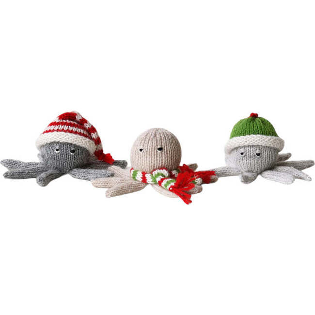 Set Of 3 Wintry Octopus Ornaments, Multi