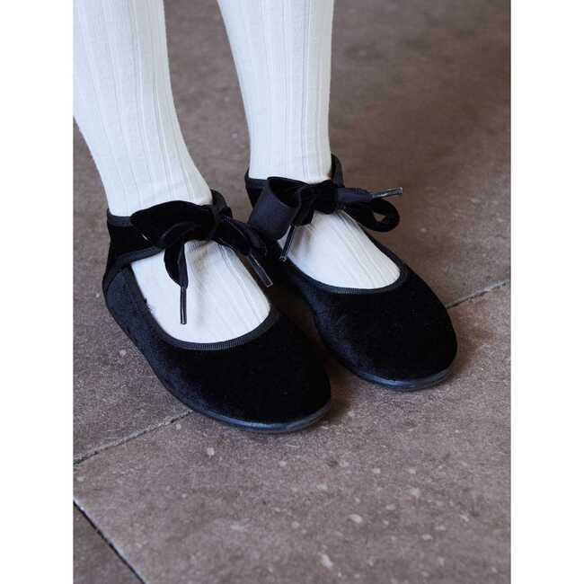 Velvet Girl Bow Ballerina Shoes, Black - Flats - 2