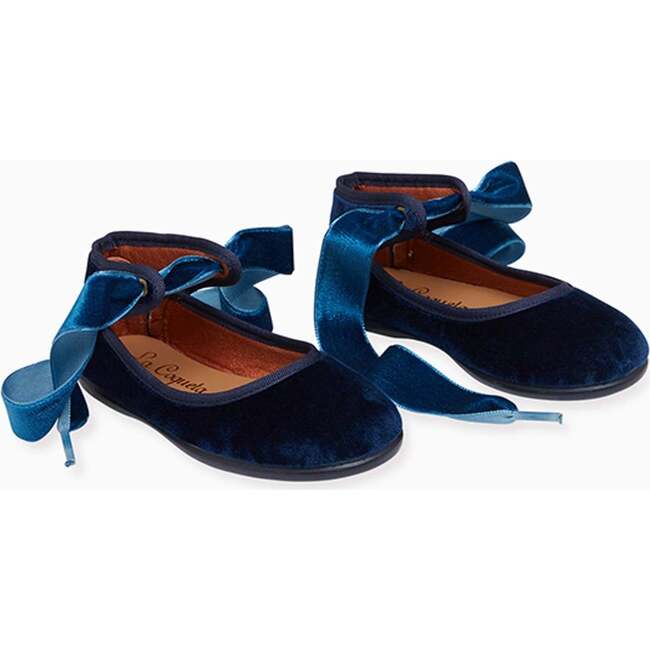 Velvet Girl Bow Ballerina Shoes, Navy - Flats - 3
