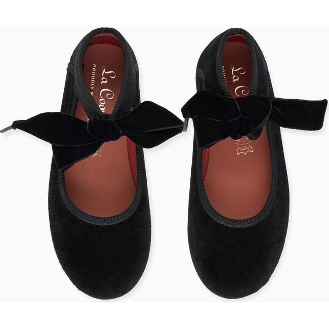 Velvet Girl Bow Ballerina Shoes, Black - Flats - 4