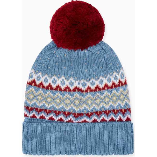 Fair Isle Merino Kids Bobble Hat, Blue - Hats - 4