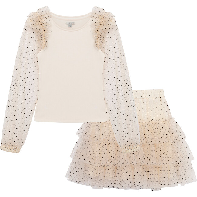 Sweater Top & Dotted Mesh Skirt 2-Piece Set, Champagne