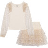 Sweater Top & Dotted Mesh Skirt 2-Piece Set, Champagne - Mixed Apparel Set - 1 - thumbnail