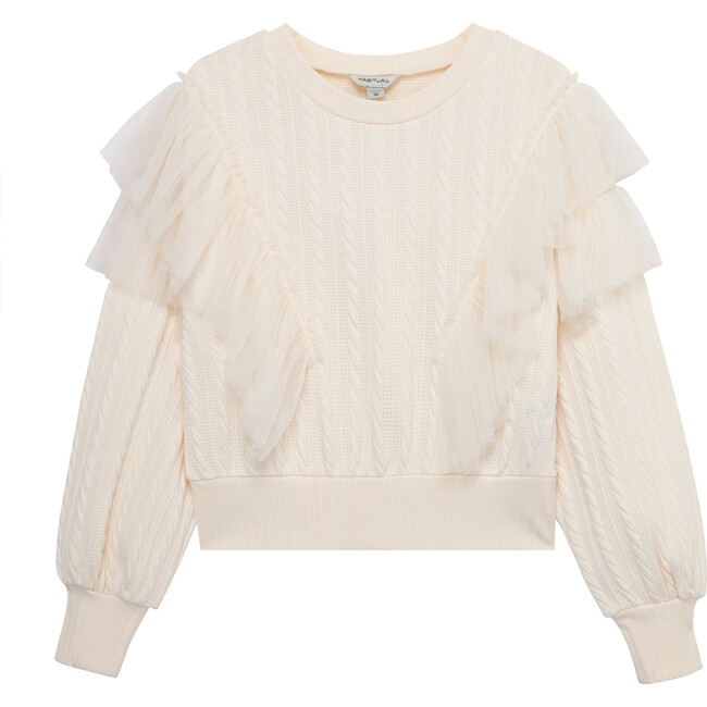 Mesh Ruffle Cable Sweater, Champagne