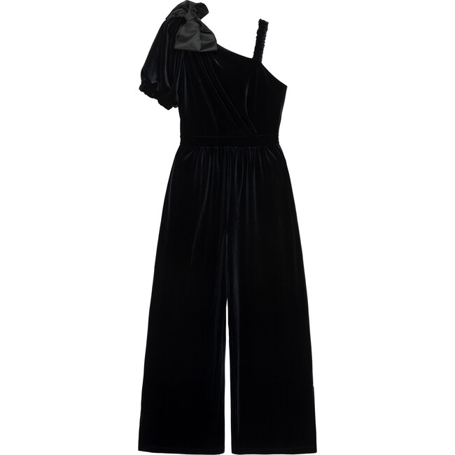 Satin Bow Velour One-Shoulder Jumpsuit, Black