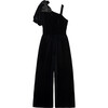 Satin Bow Velour One-Shoulder Jumpsuit, Black - Rompers - 1 - thumbnail