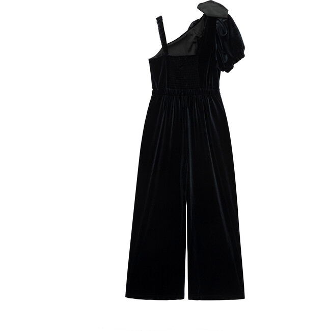 Satin Bow Velour One-Shoulder Jumpsuit, Black - Rompers - 2