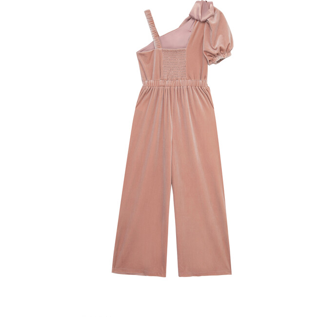 Satin Bow Velour One-Shoulder Jumpsuit, Pink - Rompers - 2