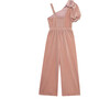 Satin Bow Velour One-Shoulder Jumpsuit, Pink - Rompers - 2