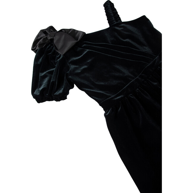 Satin Bow Velour One-Shoulder Jumpsuit, Black - Rompers - 3