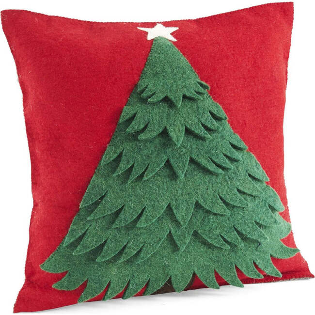 Handmade Christmas Pillow in Hand Felted Wool - Tree on Red - 20"