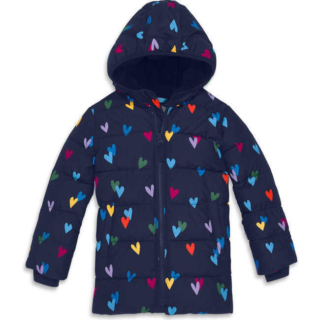 Parka Puffer Coat In Confetti Hearts, Navy Confetti Hearts