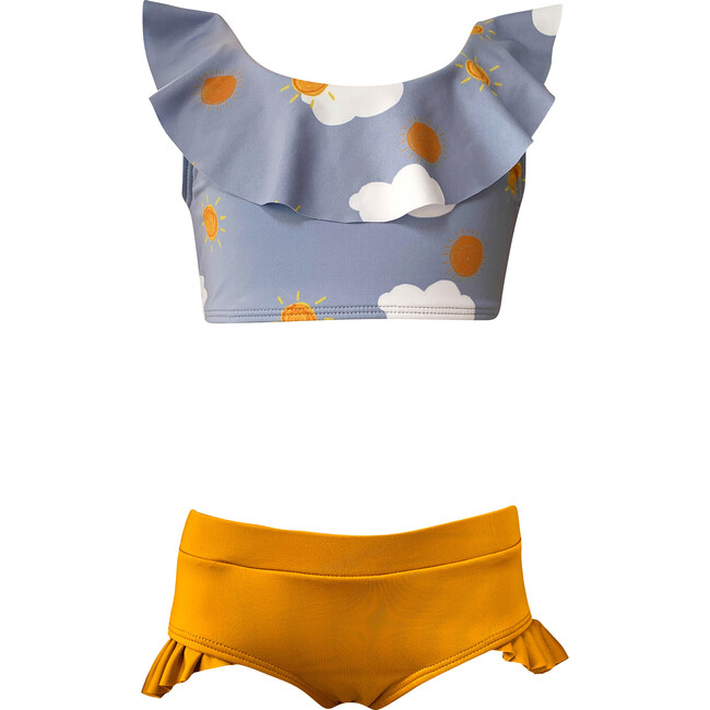 Ilana Sunrise Print Ruffled Neck Line Bikini, Grey & Mustard