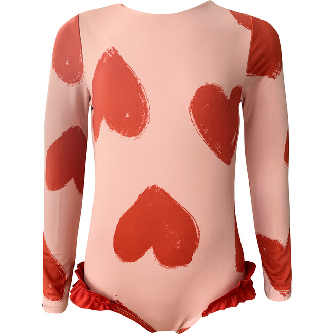 Alana Heart Print Long Sleeve One-Piece Swimsuit, Pink & Red