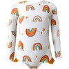 Loving Print Knot Long Sleeve Swimsuit, White - One Pieces - 1 - thumbnail