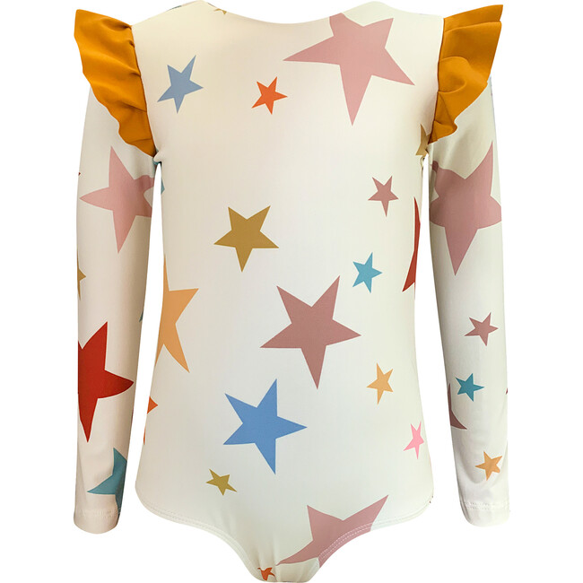 Wings Shine Bright Print Long Sleeve Swimsuit, White & Multicolors