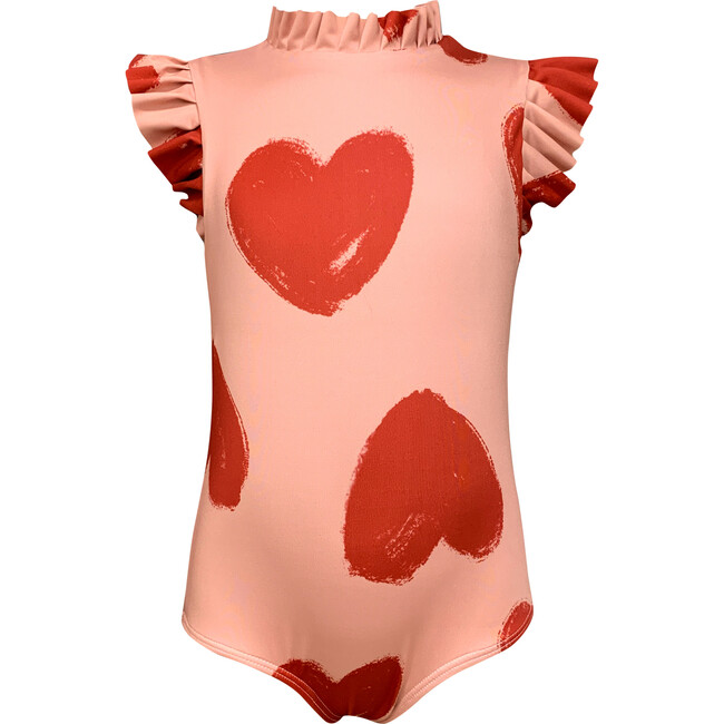 Alisson Heart Print Ruffled Neck One-Piece Swimsuit, Pink & Red