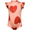 Alisson Heart Print Ruffled Neck One-Piece Swimsuit, Pink & Red - One Pieces - 1 - thumbnail