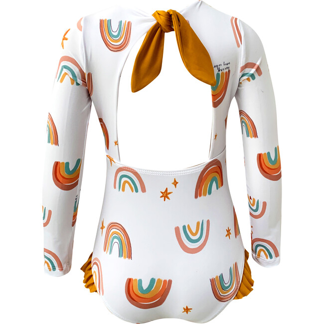 Loving Print Knot Long Sleeve Swimsuit, White - One Pieces - 2