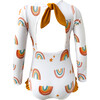 Loving Print Knot Long Sleeve Swimsuit, White - One Pieces - 2