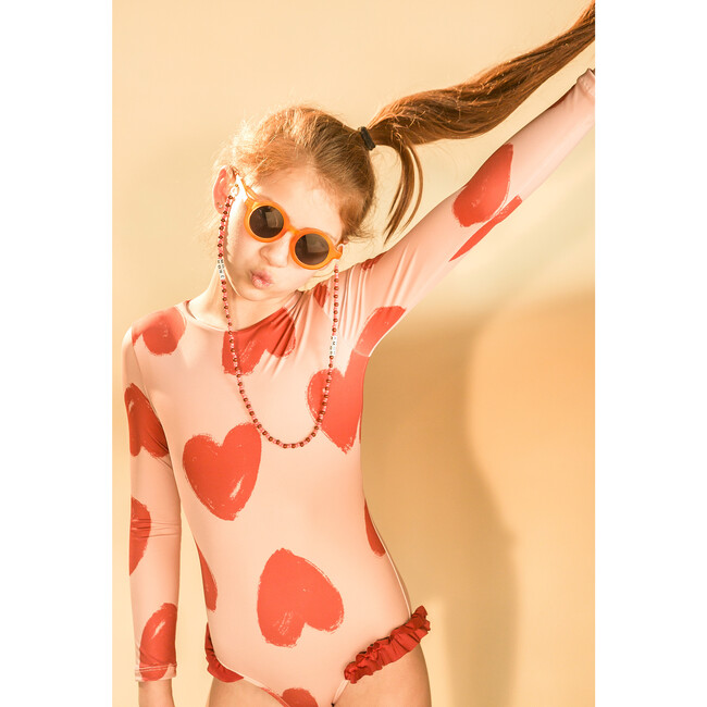 Alana Heart Print Long Sleeve One-Piece Swimsuit, Pink & Red - One Pieces - 2