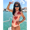 Alisson Heart Print Ruffled Neck One-Piece Swimsuit, Pink & Red - One Pieces - 2