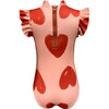Alisson Heart Print Ruffled Neck One-Piece Swimsuit, Pink & Red - One Pieces - 3