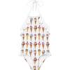 Halter Tie Neck Ruffle Print Swimsuit, Ice Cream - One Pieces - 1 - thumbnail