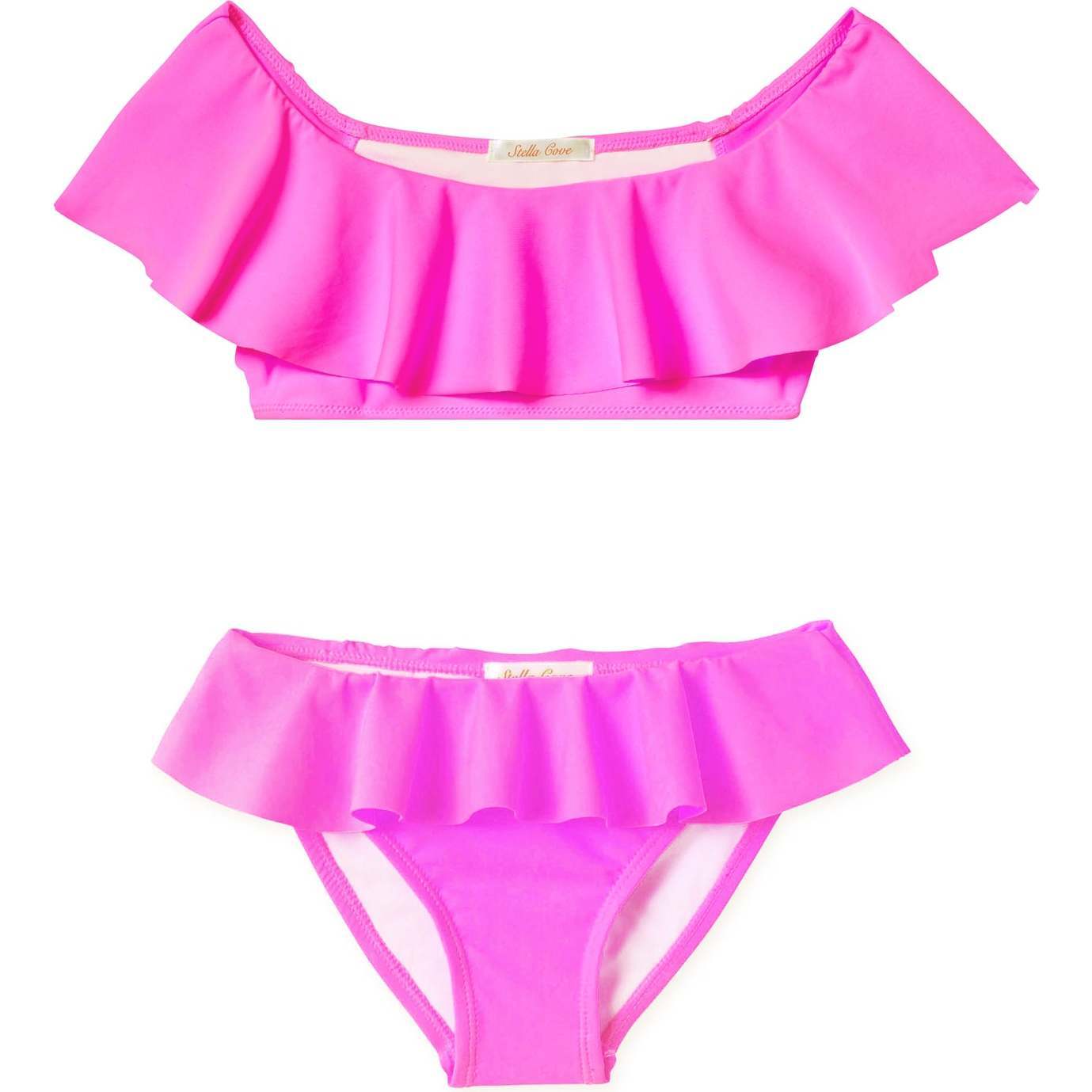 Wide Neck Ruffle Bikini, Neon Pink - Two Pieces - 1