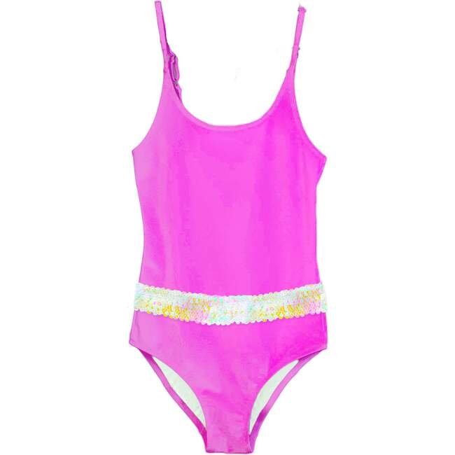 Adjustable Straps Swimsuit With Sequin Belt, Neon Pink