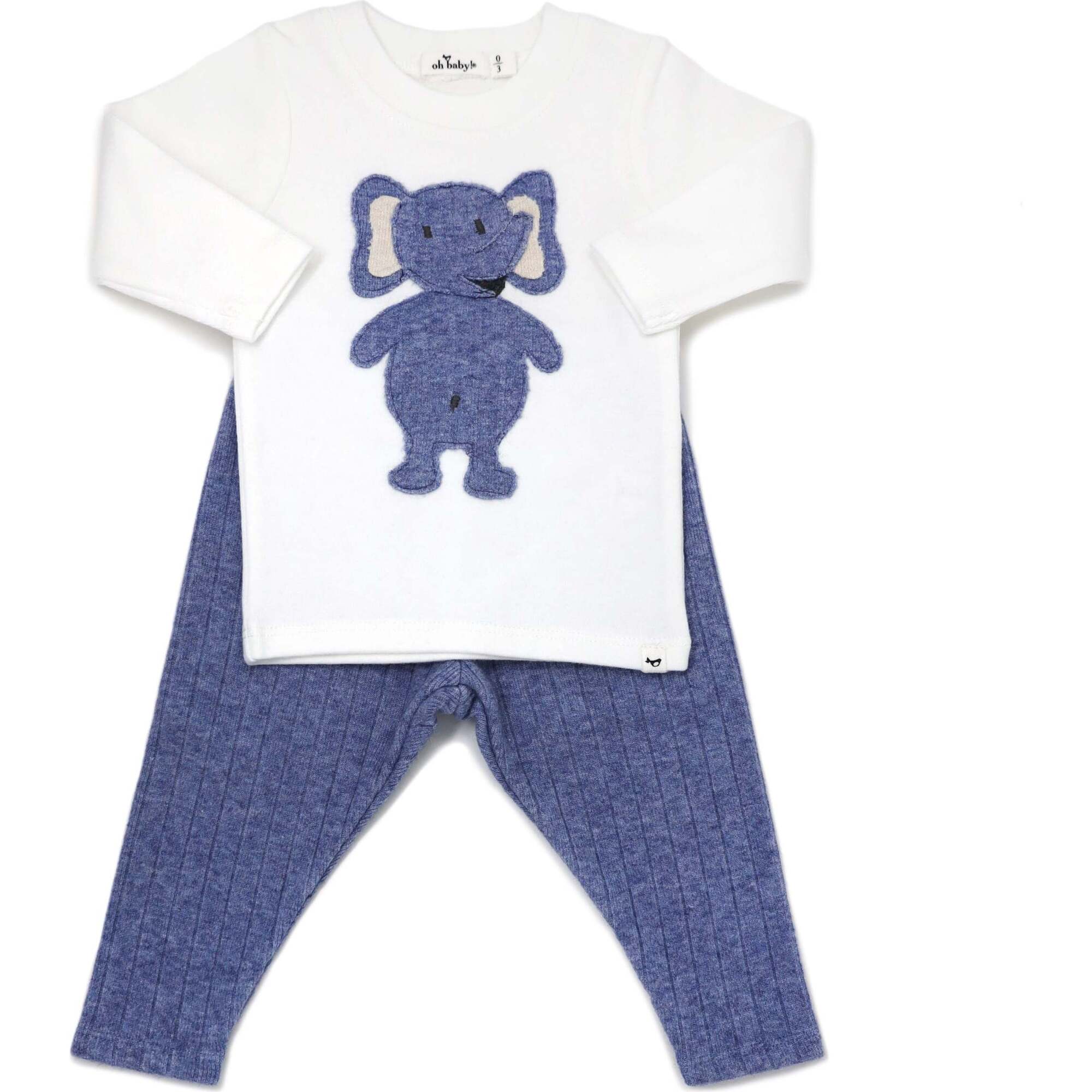 Ragdoll Elephant Long Sleeve Cream Tee Mixed Two Piece Set, Blue Heather - Mixed Apparel Set - 1