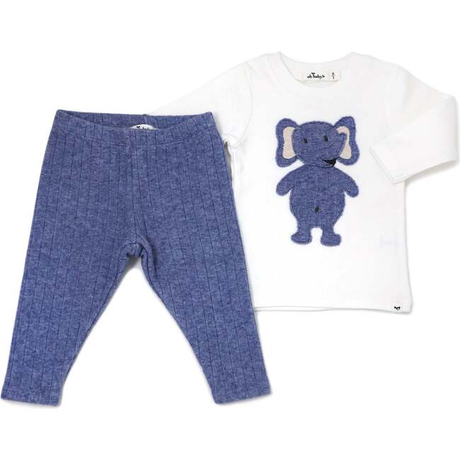 Ragdoll Elephant Long Sleeve Cream Tee Mixed Two Piece Set, Blue Heather - Mixed Apparel Set - 2