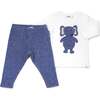 Ragdoll Elephant Long Sleeve Cream Tee Mixed Two Piece Set, Blue Heather - Mixed Apparel Set - 2