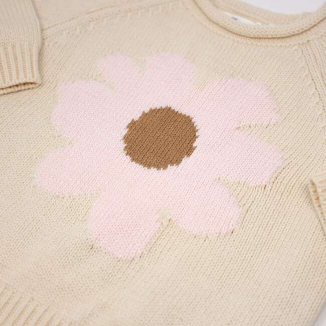 Pink Daisy Crew Neck Sweater, Natural - Sweaters - 3