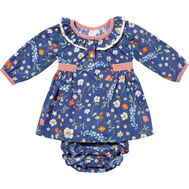 Liza Floral Print Ruffle Collar & Cuff Baby Dress, Blue