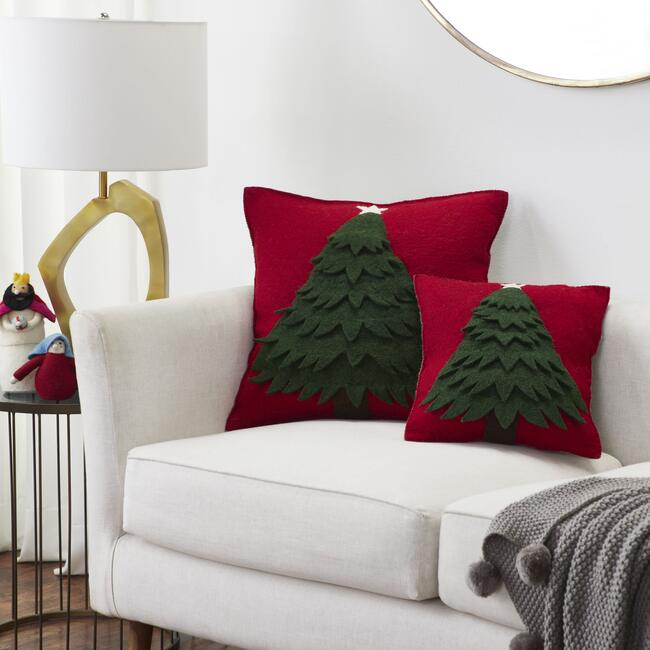 Handmade Christmas Pillow in Hand Felted Wool - Tree on Red - 20" - Decorative Pillows - 2