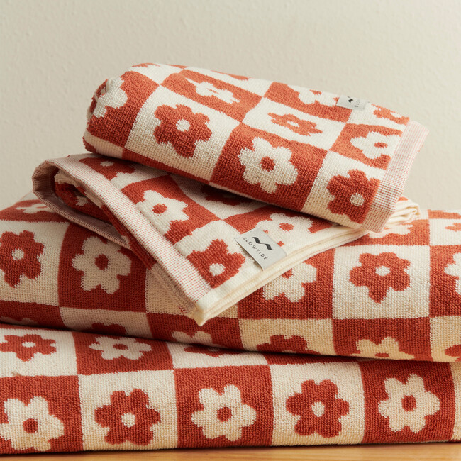 Gigi Checked Floral Terry Hand Towel, Rust & Cream - Towels - 2