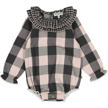 Carole Checkered Contrasted Collar Romper, Pink