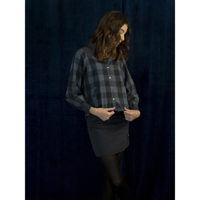 Women's Isabel Large Checkered A-Line Shirt, Blue - Blouses - 4