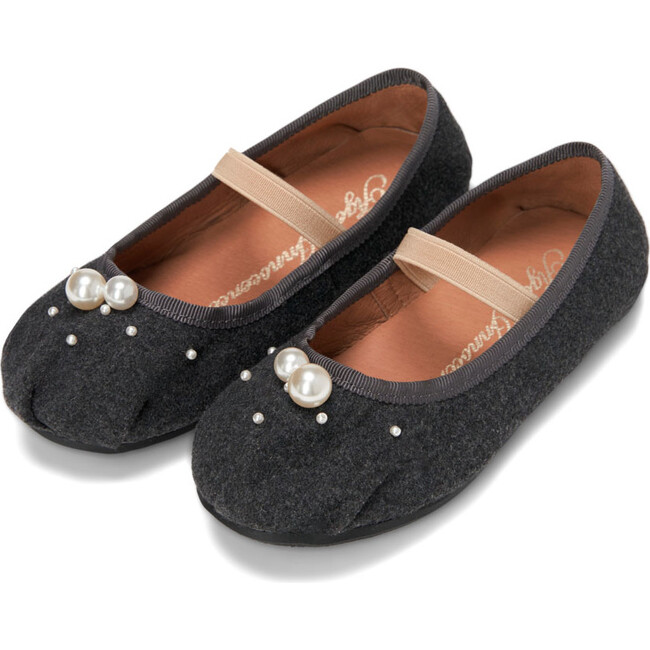 Zelda Wool & Faux Pearls Elastic Strap Ballerina Shoes, Dark Grey - Flats - 2